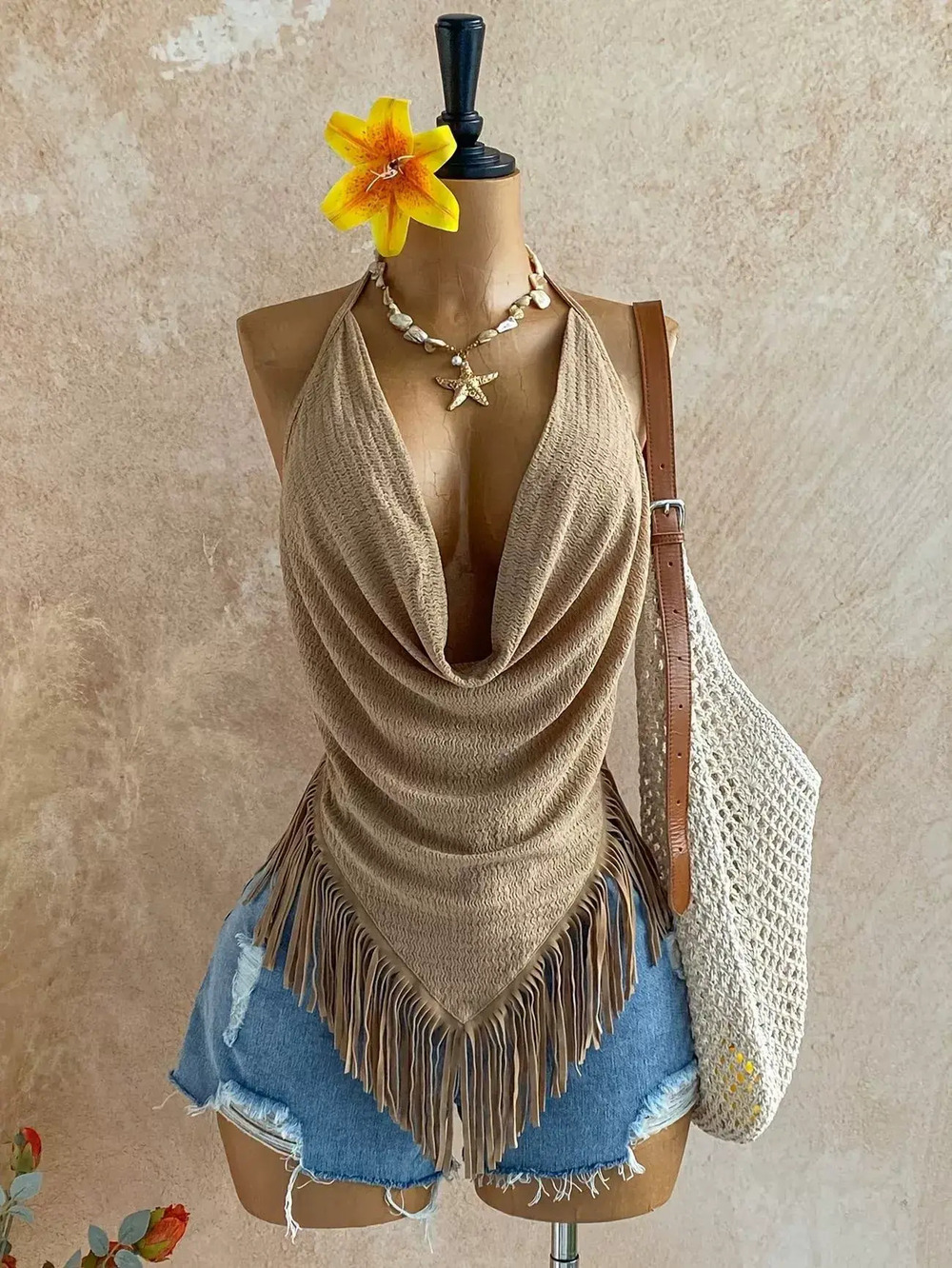 Zara Resort Cowl Neck Halter Sleeveless Backless Tie Back Fitted Tank Top